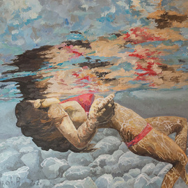 Vyacheslav Shcherbakov: 'on the surface of the water', 2021 Acrylic Painting, Nudes. Artist Description: A beautiful woman is swimming in clear water. She plunged into the water like a gentle cradle. Her face is on the surface of the water, she has closed her eyes and the bright sun rays are caressing her skin. Warm, comfortable. Her whole body is relaxed. Millions ...