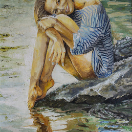 Vyacheslav Shcherbakov: 'woman by the water', 2019 Acrylic Painting, Nudes. Artist Description: She s wearing a vest, smiling at her lover. She wants to be loved and love. Something dark loomed over her - war. But love also lives in war. Feelings are not drowned out by external circumstances.The picture is drawn on a fiberboard. ...