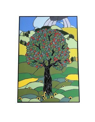 Pauline  Allen: 'distant showers', 2020 Mosaic, Conceptual. Distant showers depicts a mature apple tree set at the foot of of the rolling hills of the Cheviots which border my home county of Northumberland England and Scotland.  The unpredictability of the weather as the summer drifts into Autumn is depicted by the showers falling over the hills.  The ...