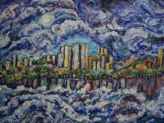 Shelly Leitheiser: 'River City', 2012 Acrylic Painting, Expressionism.  A river on a city, or a city on a river; expressionistic, abstract, and wild. It' s inspired by this spring' s overflowing rivers and storms. This painting is matted, but not sold framed due to the weight....