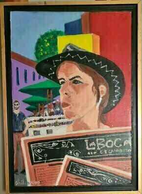 Dan Shiloh: 'Woman in La Boca Argentina', 2023 Acrylic Painting, Cityscape. La Boca Argentina women promoting events...