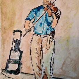 Dan Shiloh: 'fiddler in paris france', 2023 Tempera Painting, Cityscape. Artist Description: A fiddler playing on the street in Paris France...