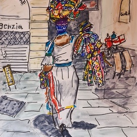 Dan Shiloh: 'genoa italy', 2023 Tempera Painting, Cityscape. Artist Description: Woman selling on the streets of Genoa Italy...