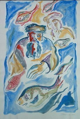 J. Brombacher: 'Like fish', 2005 Gouache Drawing, Holidays.  This is an illustration for a Chassidic story, please ask. ...