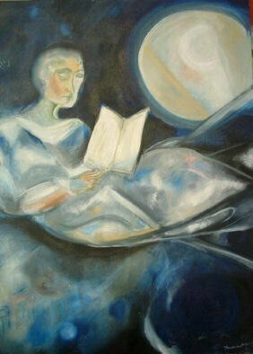J. Brombacher: 'Nachtgedanken  Thoughts in the Night', 1995 Oil Painting, Life.  Nachtgedanken means Thoughts in the Night. The text in the painting says Les Fleurs du Mal ( The Flowers of Evil) , a collection of poetry by 19th French poet Baudelaire. ...