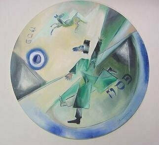 J. Brombacher: 'Pesach 4', 1997 Oil Painting, Religious. Pesach means' to leap over' ,' to skip' . The Chassid dances surrounded by symbols of Pesach in this round painting....