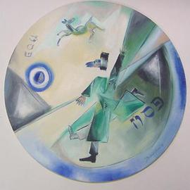 Shoshannah Brombacher: 'Pesach 4', 1997 Oil Painting, Religious. Artist Description: Pesach means' to leap over' ,' to skip' . The Chassid dances surrounded by symbols of Pesach in this round painting....
