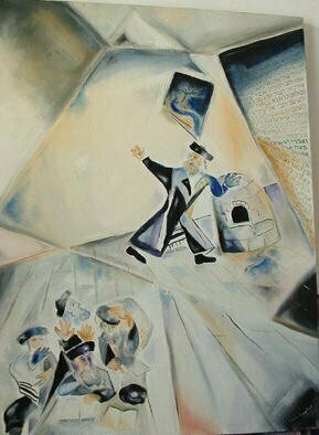 J. Brombacher: 'Rabbi Eliezer and the walls of the Beth haMidrash', 1996 Oil Painting, Famous People.  This is the story of Rabbi Eliezer who threatened to pray to let the wall of the study house collapse. This is the first painting in a set of 4 about R. Eliezers life, please inquire, the other 3 are in this website too. ...