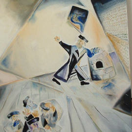 J. Brombacher: 'Rabbi Eliezer and the walls of the Beth haMidrash', 1996 Oil Painting, Famous People. Artist Description:  This is the story of Rabbi Eliezer who threatened to pray to let the wall of the study house collapse. This is the first painting in a set of 4 about R. Eliezers life, please inquire, the other 3 are in this website too. ...