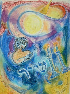 Shoshannah Brombacher: 'Shir Song', 2002 Oil Pastel, Holidays.  This is one of many drawing I made based on a Jewish Holiday ( shabbat) and a name ( Shirah, which means Song) . I make custom drawings for your name and favorite holiday. ...