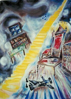 Shoshannah Brombacher: 'The Berdichever and the Shechinah', 2001 Oil Painting, Judaic. The Berdichever Rebbe once stayed in the house of a tanner, but he couldn	 stand the smell and fled at night to the deserted Bays Midrash. There he had an encounter with the Shechinah ( the mystical Divine Immanence, symbolized by a woman who went into exile with the Jewish people) . ...