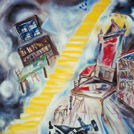 Shoshannah Brombacher: 'The Berdichever and the Shechinah', 2001 Oil Painting, Judaic. Artist Description: The Berdichever Rebbe once stayed in the house of a tanner, but he couldn	 stand the smell and fled at night to the deserted Bays Midrash. There he had an encounter with the Shechinah ( the mystical Divine Immanence, symbolized by a woman who went into exile with the ...