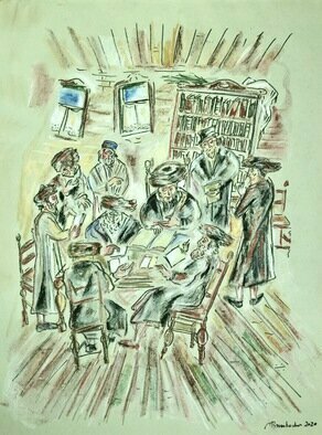 Shoshannah Brombacher: 'beis midrash', 2020 Pastel Drawing, Judaic. This drawing in oil pastel on tinted paper shows a typical scene in a Beit Midrash, a house of study. A rabbi is learning and discussing with his students. ...