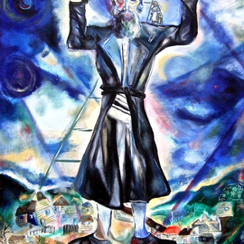J. Brombacher: 'between heaven and earth', 2000 Oil Painting, Judaic. Artist Description: Said the Karliner RebbeA Jew should be like the ladder of Jacob, with his head in Heaven and his feet firmly planted on the ground.  In other words, a Jew should study Torah and think of spiritual things while taking care of his livelihood, business and family, etc.  ...