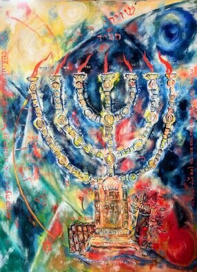 Shoshannah Brombacher: 'shiviti menorah', 2024 Oil Painting, Kabbalah. This is a Shiviti, a Menorah image used for meditation. There is a long description of this painting, explaining all the symbols, in my blog for the American Guild of Judaic Art: 