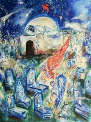Shoshannah Brombacher: 'the dream of the kabbalist', 2020 Oil Painting, Kabbalah. The kabbalist in the painting fell asleep on one of the domed mausoleums in the old kabbalistic graveyard near Tzfat  Safed  and sees in his dream the angels Gavriel and Michael, showing the Torah to the righteous man. The souls of the kabbalists buried in Tzfat come as witnesses. One ...