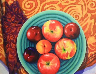 Sandra Bryant: 'fruit bowl on a red cloth', 2022 Oil Painting, Food. Beautiful fruit highlighted by vibrant textiles in this original oil painting. ...