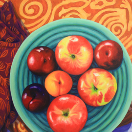 Sandra Bryant: 'fruit bowl on a red cloth', 2022 Oil Painting, Food. Artist Description: Beautiful fruit highlighted by vibrant textiles in this original oil painting. ...