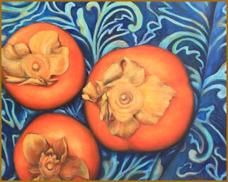 Sandra Bryant: 'persimmons', 2022 Oil Painting, Botanical. The wonderful foliage on these ripe persimmons were an inspiration for this colorful painting. ...