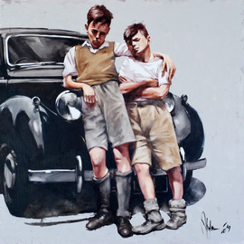 Igor Shulman: 'brothers', 2019 Oil Painting, Children. Artist Description: These are not necessarily siblings, or cousins.  It could be, but it is not necessary.  At this age, friends can be, and often are, closer than brothers.  Or they think so.  It seems to them that in their life there has never been such a close understanding of ...