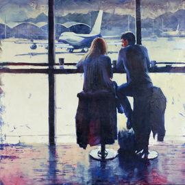 Igor Shulman: 'flight delay', 2019 Oil Painting, Atmosphere. Artist Description: This happens periodically for various reasons.  There may be weather, technical problems, or security problems.  And it happens for no apparent reason.  But there is still a reason, we just donaEURtmt understand it.For example, in order for two people to meet in a half- empty cafe.  ...