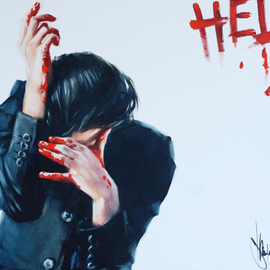 Igor Shulman: 'help me', 2020 Oil Painting, Atmosphere. Artist Description: This is a painting about pain.See how tense this guy is.  We cannot understand the reasons for this.But we can guess.We cannot know for sure what he has on his hands and how he wrote on the wall.But we can guess.We cannot even ...