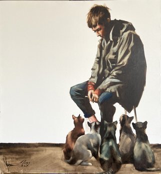 Igor Shulman: 'helpers', 2022 Oil Painting, Atmosphere. Those of you who have pets know exactly what I m talking about. Animals just love being helpful. They try their best to get their owner to notice and praise them. They are a lot like children in that. They are your children in the figurative sense. Only they never ...