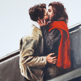 Igor Shulman: 'metro', 2020 Oil Painting, Atmosphere. Artist Description: Everything as usual.  Metro, escalator, couple.  Well, what else can they do for a whole minute while they drive.  Of course kissing.  I did the same, so I can talk about it.  Kissing for joyor envypassing people.  demonstrate your love without embarrassment.  Be proud of your feelings.  There ...