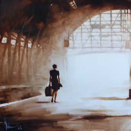Igor Shulman: 'new hopes', 2020 Oil Painting, Atmosphere. Artist Description: I drew another picture from the project Stations.Usually I just number them.  But I want to call this one my own name.  New hopes.I see a young girl who arrived in the new big city in the early morning.  It doesnaEURtmt matter which country it ...
