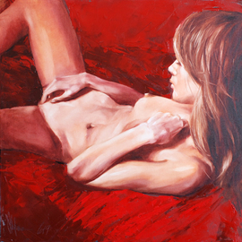 Igor Shulman: 'red morning', 2019 Oil Painting, Erotic. Artist Description: I am well aware that many more people read the description of eroticism than usual.  Therefore, I will especially stand up.  What do you see on this pictureMost likely, most of you see a girl who satisfies herself.  And what is attractive about this- you ask.  Maybe for ...