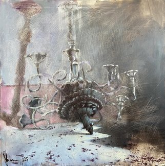 Igor Shulman: 'the chandelier is defeated', 2021 Oil Painting, Atmosphere. Quite recently, on a short trip, I wandered into an abandoned church. It turns out there are some in the very center of Europe.Emotionally it was so strong and so unbearable.The church itself has long existed as an art object. And this fallen chandelier exists in this context ...
