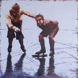 Igor Shulman: 'the first ice', 2018 Oil Painting, Sports. Artist Description: I know what I m talking about.  I spent all my childhood on such skates.  It was the most interesting time in my life.  Overcoming of self, overcoming of speed, overcoming of balance.  The first victory.  The first disappointments.  Sports in childhood, this is a real school of ...