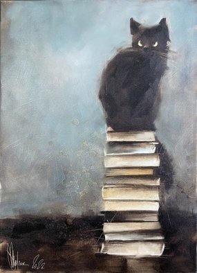 Igor Shulman: 'the keeper of knowledge', 2022 Oil Painting, . Apparently you thought that this harmless kitten was the keeper  And just because he s sitting on a stack of books  And a book is a source of knowledge for us, no matter how you look at it. You can remain in your ignorance.Or maybe I m wrong and ...