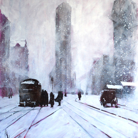 Igor Shulman: 'winter retro', 2018 Oil Painting, Cityscape. Artist Description: It s nice to draw familiar city landscapes in an unusual state. Today this place in New York reminds little of what was there a hundred years ago. The most famous building remained unchanged. And another winter, a blizzard. The picture is painted in oil colors on canvas ...