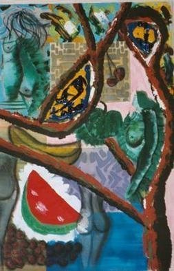 Adam Adamou: 'Bare Fruit', 2002 Mixed Media, Figurative. Tree inspired shapes, fruitful disections, mangled patterns and swinging cherries. From Fruits of the Junkshy Nudes...