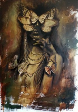 Tatiana Siedlova: 'butterfly girl', 2016 Oil Painting, Surrealism. women, brown, butterfly, girl, jewelry, mask...