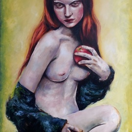 Tatiana Siedlova: 'eva i ve a secret', 2017 Oil Painting, nudes. Artist Description:  red, secret, temptation, yellow, adam, Eva, dark blue, enticement, apple, green...
