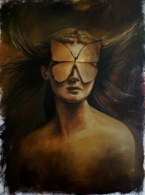 Tatiana Siedlova: 'love is blindness', 2017 Oil Painting, Surrealism. A little deathWithout mourningNo callNo WarningBaby, a dangerous idea. . .Almost makes. . . senseOh, I m too numb to feel. . .Blow out the candle.Blindness.Keywords: woman, butterfly, broun, reen, girl, hair, love...