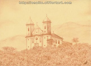 Enaile D. Siffert: 'church in Ouro Preto', 2007 Pencil Drawing, Landscape.  Sepia lead on paper  ...
