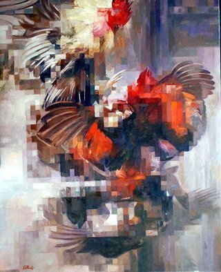 Francisco Sillue: 'rampant', 2018 Oil Painting, Sports. Rooster Fight, classic painting of the time.Movement, depicting two fighting cocks, in cockfight, oil painting on canvas, figures are represented in motion with different overlapping positions, colors and movement define the calligraphy of this artist...