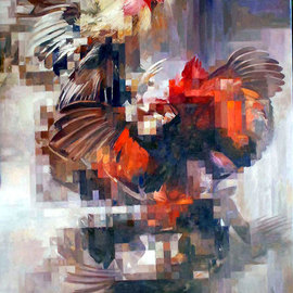 Francisco Sillue: 'rampant', 2018 Oil Painting, Sports. Artist Description: Rooster Fight, classic painting of the time.Movement, depicting two fighting cocks, in cockfight, oil painting on canvas, figures are represented in motion with different overlapping positions, colors and movement define the calligraphy of this artist...