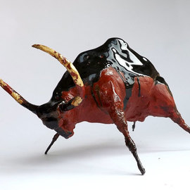 Simona Barreca: 'red bull 1', 2020 Ceramic Sculpture, Animals. Artist Description: Bull in ceramic, metal, gold- colored leaf and papier- mAC/chA(c).  Black crystal, acrylic and epoxy resin...