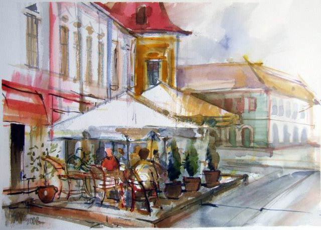 Artist Sipos Lorand. 'Downtown Cafe' Artwork Image, Created in 2008, Original Mixed Media. #art #artist