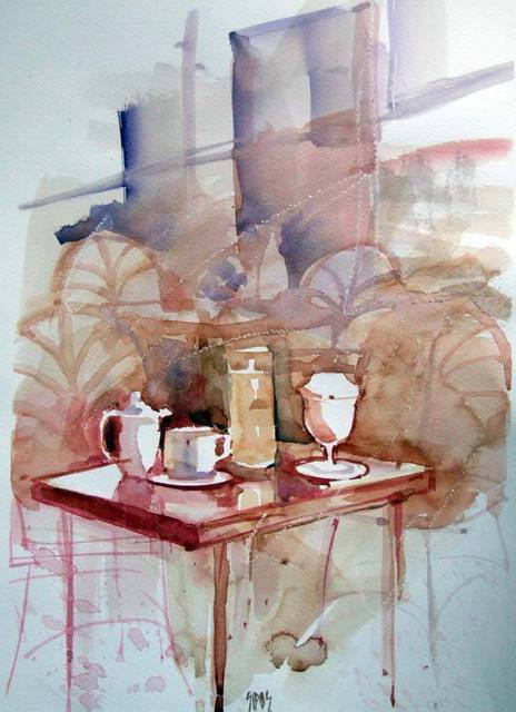 Sipos Lorand  'Morning Cafe', created in 2008, Original Mixed Media.