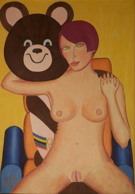 Misha Kalacev: 'gerl wits olimpik mishka', 1996 Oil Painting, Erotic. 