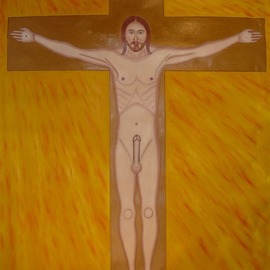Misha Kalacev: 'morning erection jesus', 1997 Oil Painting, Erotic. 