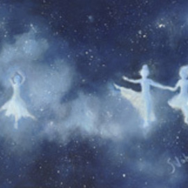 Sue Johnson: 'Cosmic Chorus Line', 2007 Oil Painting, Ethereal. Artist Description:  A few years ago, I created a series of small paintings showing women in  a cosmic context.  I call it my Women' s Spirit series representing the idea that women are the creators and housekeepers of our world.       While the original NFS, prints are available of this work. ...