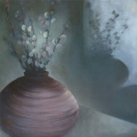 Sue Johnson: 'The Light Continues to Change', 2012 Oil Painting, Still Life. Artist Description:  The second painting inspired by my pottery vase of pussy willows. Since the light and shadows are always shifting, I could paint a dozen pictures of this image.  ...