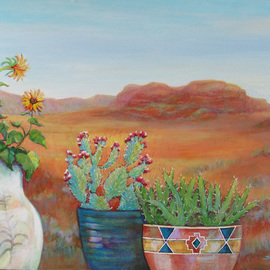 Sharon Nelsonbianco: 'Pottery With A View ARIZONA 3', 2014 Acrylic Painting, Southwestern. Artist Description:                        contemporary art, acrylic painting, Southwestern art, desert scenes, peace, tranquility, pottery, colorful art, Sharon Nelson- Bianco, southern artist, expressionist, Florida artist, floral, plants, desert plants, vivid, mountains, red rocks, Western            ...
