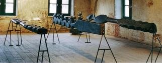 Stefan Van Der Ende: 'without title', 1994 Wood Sculpture, Abstract. One sculpture , three bodies, one meter apart.Burned elmwood , steel....